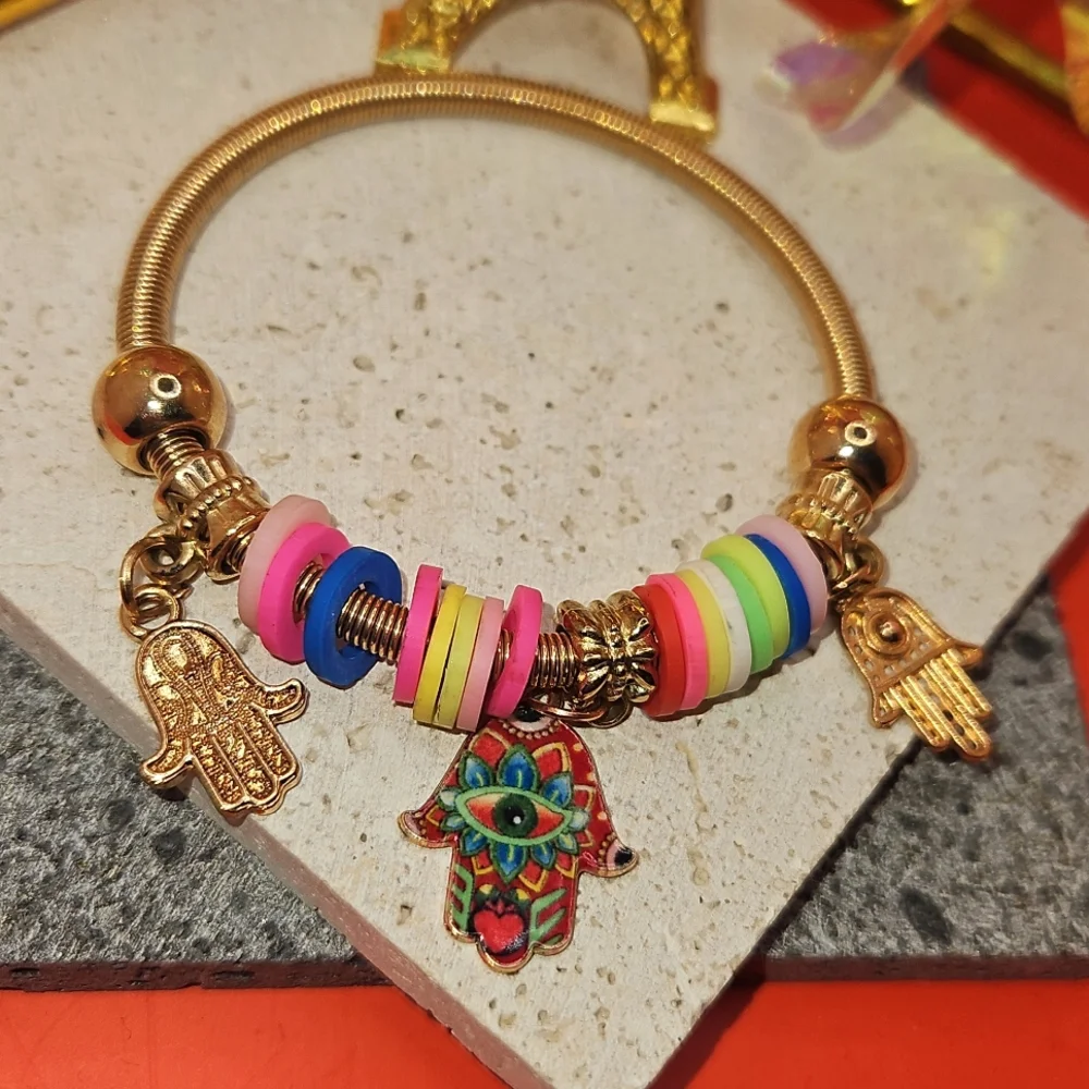 Hamsa Hand Charm Coil Bracelet Multi Charm Gold Bracelet - Brand New - Picture 3 of 3